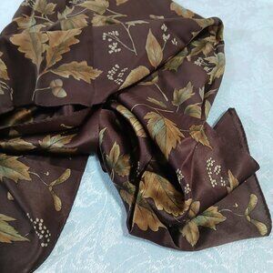 Charter Club Long 100% Silk Scarf Chocolate Brown with Leaves Foliage Design